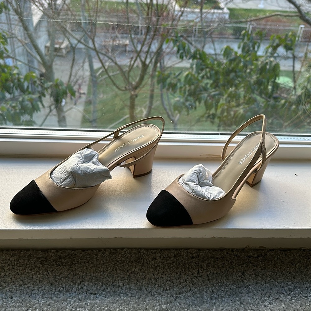 Marc Fisher nude and black slingback block pumps